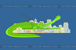 Crocodile Eat city. Rampage mythical monster - vector image