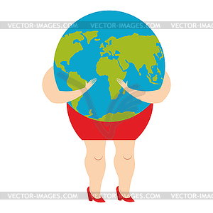 Woman hugging earth planet. World is in female - vector image