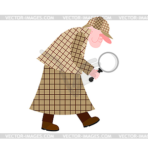 Private detective in raincoat and with magnifying - vector image