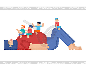 Fathers Day Dad and child. Strong daddy plays with - vector image