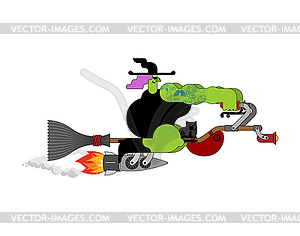 Witch on racing broom. Broomstick Speeding turbo. - vector clip art