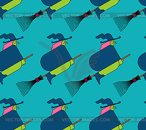 Witch on broom pattern seamless. Halloween - vector clip art