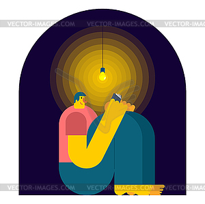 Man reading book in dark. Night reading - vector clipart