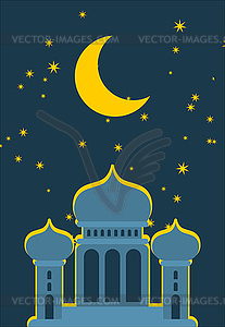 Mosque is night. Islamic religious building. - vector image