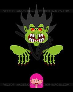 Scary man scaring little girl. Nightmare monster - vector image