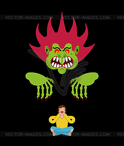 Scary man scaring guy. Nightmare monster with long - vector image