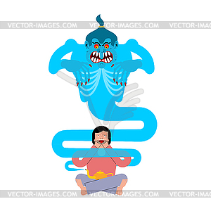 Evil Genie of magic lamp. Guy afraid is Fiery - vector image