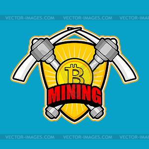 Mining Bitcoin emblem. Pick Cryptocurrency sign. - vector image