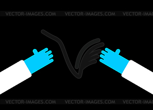 Hands of doctor in blue gloves - vector image