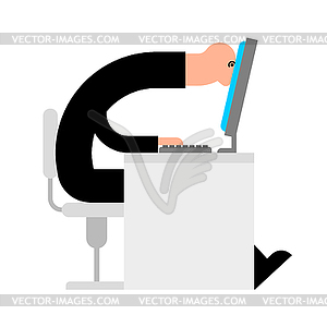 Worker looks at monitor. Work at computer - vector image