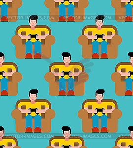 Gamer pattern seamless. Guy on chair and - vector image