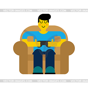 Gamer on chair. Guy and video game. Boy and - vector image