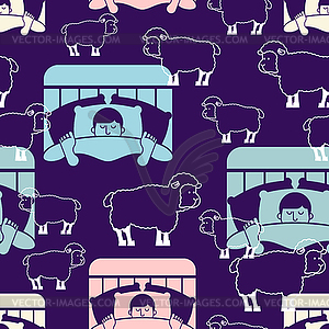 Sleeping man and sheep pattern seamless. Guy in - vector image