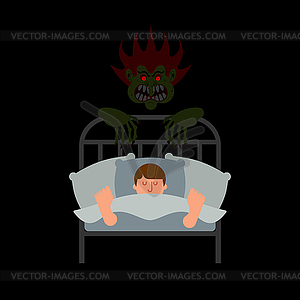 Guy in bed and Nightmare. Horror of night. - vector image