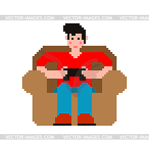 Gamer on chair pixel art. Guy and video game 8 - vector image