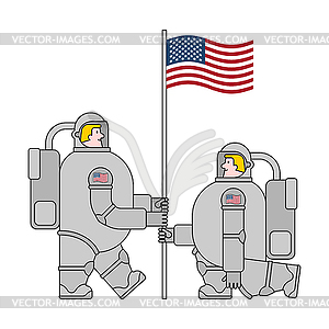 Astronaut and flag USA. Cosmonaut made in America. - vector image