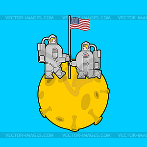 Astronaut on moon and flag USA. Cosmonaut made in - vector image