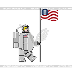 Astronaut and flag USA. Cosmonaut made in America. - vector image