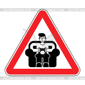 Attention gamer. Red road sign danger. Caution guy - vector image