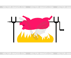 Roasted Pig on spit. Pork on fire - vector image