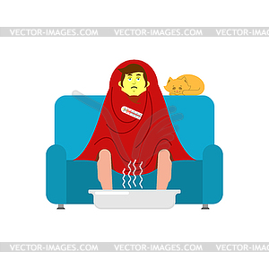 Man sick sitting in armchair wrapped in blanket. Gu - vector clip art