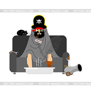 Pirate sick sitting in armchair wrapped in - vector clip art