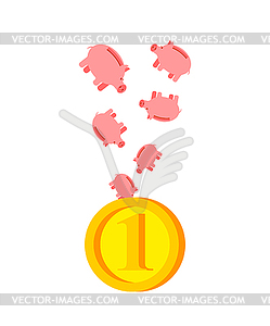 Pig piggy vice versa. Pigs fall in coin - stock vector clipart