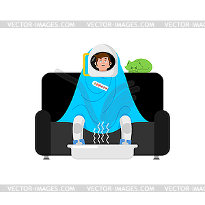 Cosmonaut sick sitting in armchair wrapped in - vector clip art
