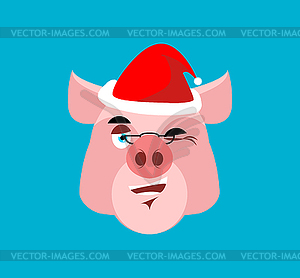 Santa Pig Winks Emoji. Jolly Piggy. Christmas - vector clipart