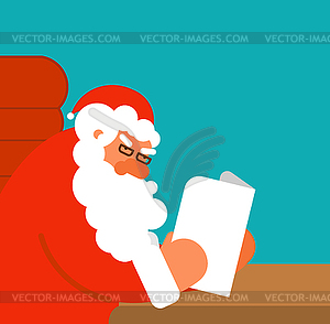 Santa reading mail. Claus and message. Xmas letter - vector image