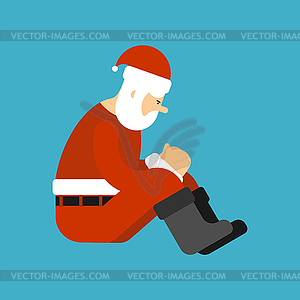 Sad Santa sitting . Christmas dull grandfather. - vector image