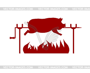 Roasted Pig on spit. Pork on fire - vector image