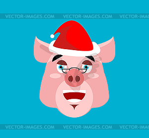 Santa Pig laugh Emoji. Cheerful piggy face. - vector image