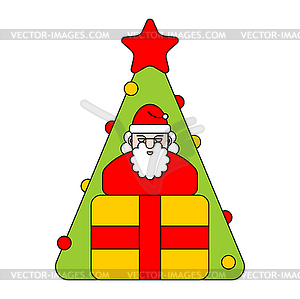 Santa and Christmas tree and box. New Year - vector clipart