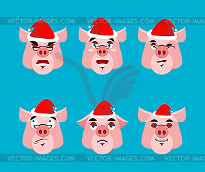 Santa Pig Emoji set. Face collection. Good and evil - vector image