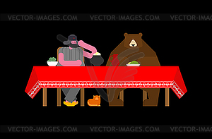 Russian man and bear at table. National folk beast - vector image