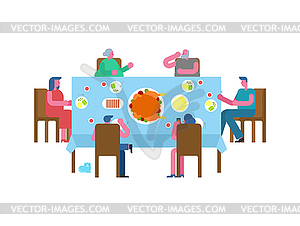 Thanksgiving family dinner. Turkey on big table. - vector image