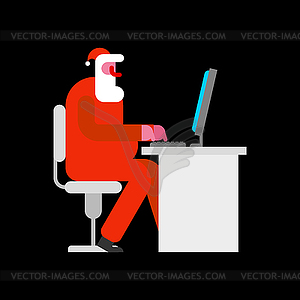 Santa working at computer. Christmas grandfather an - vector clip art