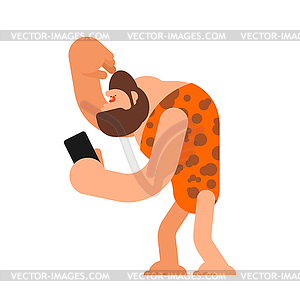 Caveman and Smartphone. Prehistoric man and Phone. - vector clipart
