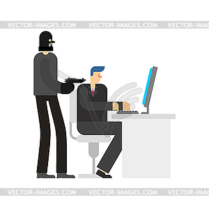 Robber in office. Burglar and manager at computer. - vector image