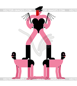Mistress and Slave BDSM. Latex mask and whip. Madam - vector clip art