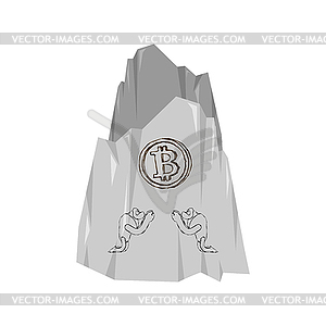 Rock painting. Ancient people worship bitcoin. - vector image