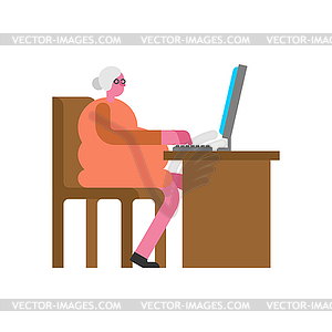 Grandmother Works on computer. Old lady and PC. - vector image