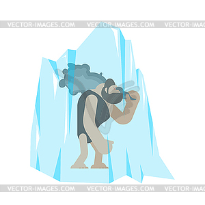 Caveman frozen in ice. Prehistoric man and club. - vector image