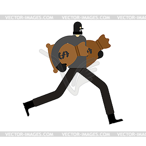 Robber and bag of money. burglar in mask run. - vector image