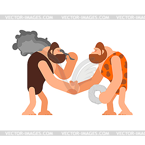 Caveman handshake Businessman deal. Prehistoric - vector clipart