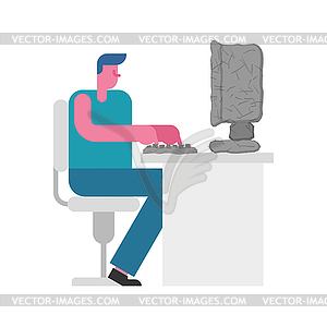 Guy work Stone computer. Boy and old PC. - vector image