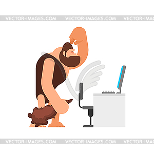 Caveman and computer. Prehistoric man and PC. - vector clipart