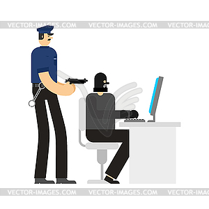 Cop and Hacker works PC Detention. Policeman and - vector image