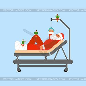 Santa Claus on Hospital bed and Little elves. - vector clipart